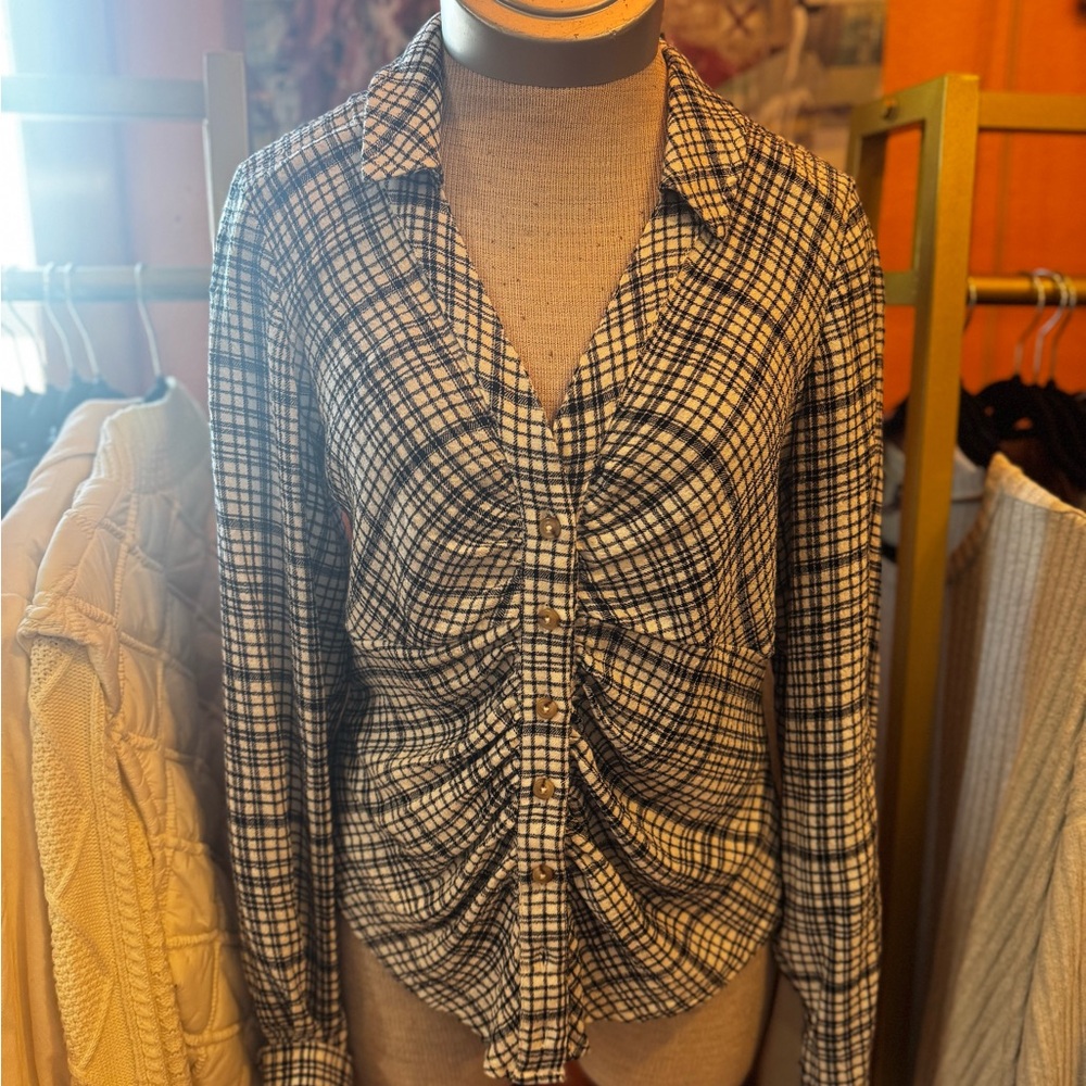 Anthropologie Black and White Ruched Plaid Shirt